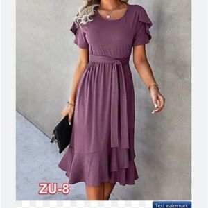 50%OFFW❤️ Elings Purple Tulip-Sleeve Ruffle-Hem Midi Dress Women S